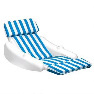 Padded Floating Luxury Pool Lounger Sling Chair Float with Extra Thick Headrest and 2 Cup Holders, Blue/White Stripe